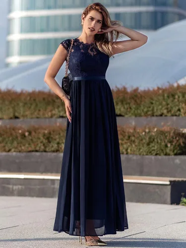 Vista 4 de Miusol Vestido de encaje floral formal para mujer, de manga corta, para fiesta de noche, largo Azul marino