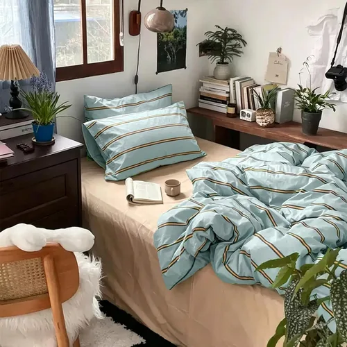 Vista 364 de mixinni Juego de funda de edredón vintage a rayas, tamaño twin, juego de ropa de cama de 3 piezas, 100% algodón lavado, suave y transpirable, funda