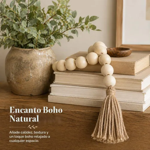 Vista 4 de OMISHE Guirnalda de cuentas de madera extra grande con cuentas de madera y borlas de 1.6 pulgadas de diámetro, cuentas decorativas rústicas de 41 1