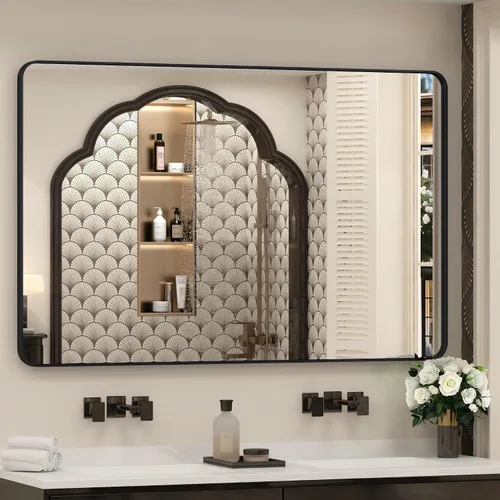 Vista 32 de Espejo rectangular para pared de baño de 20x30 pulgadas con marco negro mate, espejo de tocador con esquinas redondeadas, espejo de baño de metal