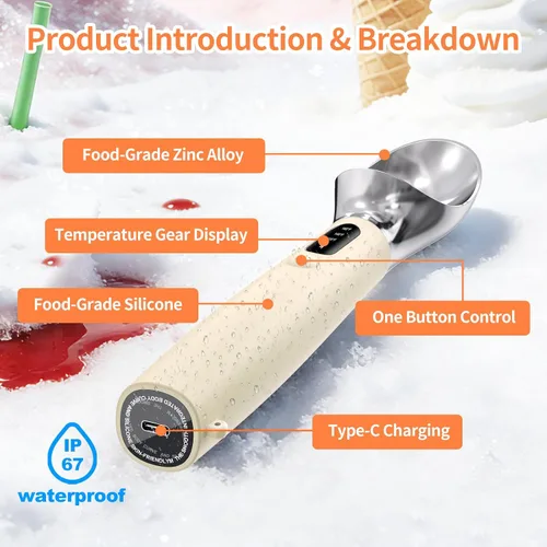Vista 3 de Cuchara de helado con calefacción recargable, resistente al agua IP67, cuchara eléctrica para helado con pantalla LED, se calienta a 158.0 °F