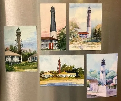 Vista 2 de Imán de nevera para faro y guardianes de la isla Sanibel de 3.5 x 5. paisaje de playa, costa del golfo de Florida. Pintura de acuarela Jean Andrew.