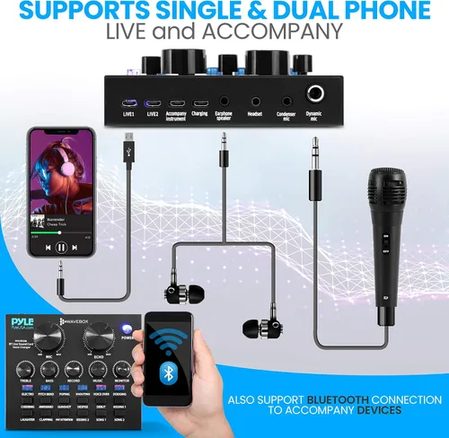 Vista 6 de Pyle PKSCRD208 - Mini interfaz de audio Bluetooth, mezclador de podcasts, transmisión en vivo para PC y iPhone, cambiador de voz V8 con 12 efectos