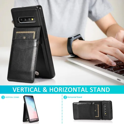 Vista 3 de Funda de teléfono para Samsung Galaxy S10 con protector de pantalla de vidrio templado y tarjetero para tarjetas de crédito, soporte de cuero Negro