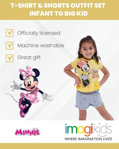 Vista 73 de Disney Minnie Mouse - Conjunto de camiseta floral arcoíris y pantalones cortos de cambray, tallas de bebé a niño grande (12 meses - 14-16)
