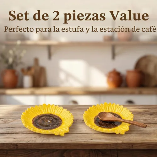 Vista 2 de Soporte de cuchara de cerámica en forma de girasol - 2 piezas para estufa y mostrador