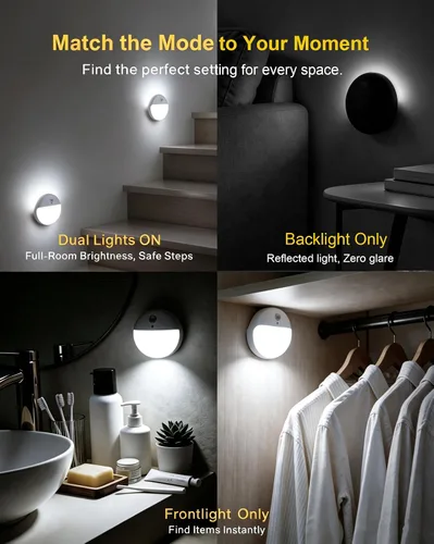 Vista 5 de YUNLEX Paquete de 2 luces nocturnas a batería, luces de inodoro, luz de sensor de movimiento pequeño de 2.6 pulgadas, luces adhesivas, 3 modos