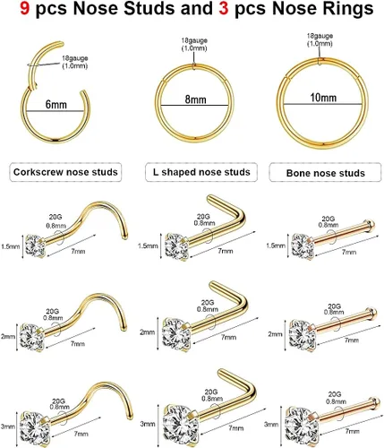 Vista 2 de 12 piercings de nariz hipoalergénicos de acero inoxidable quirúrgico 316L de 0.78 oz, anillos de nariz dorados y plateados, joyería en forma de L