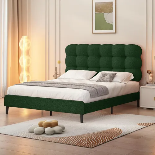 Vista 13 de Base de cama individual BarnFurin con cabecera tapizada, tela suave tipo bouclé, cama plataforma con fuerte soporte de listones de madera, diseño