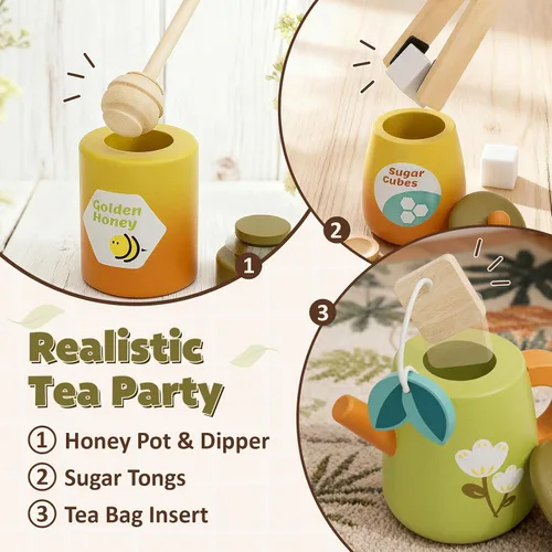 Vista 3 de Juego de té de madera para niños pequeños, juguetes de fiesta de té de simulación para niños de 3 a 5 años, regalo para niñas y niños