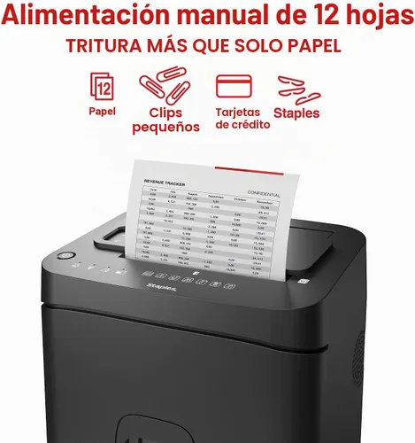 Vista 3 de Staples Trituradora de papel microcortada de 150 hojas, autoalimentada Contenedor extraíble de 7.4 galones para triturar documentos a granel