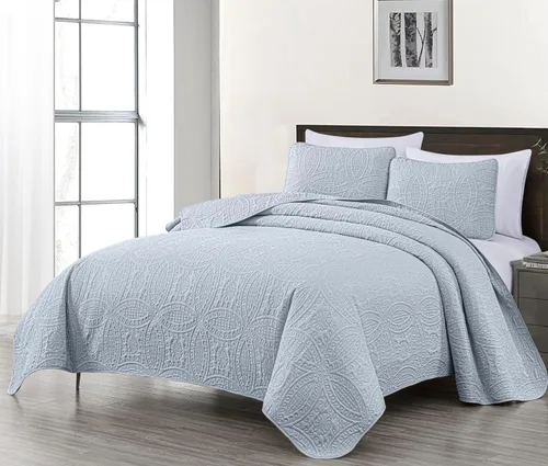 Vista 37 de Chezmoi Collection Austin - Juego de colcha tamaño matrimonial/doble, colcha de microfibra ligera acolchada Pinsonic de 3 piezas, color azul grisáceo