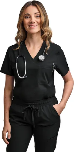 Vista 3 de Green Town Conjunto de ropa quirúrgica para mujer, pantalón deportivo y parte superior con cuello en V, 5 bolsillos, cintura de yoga, uniforme