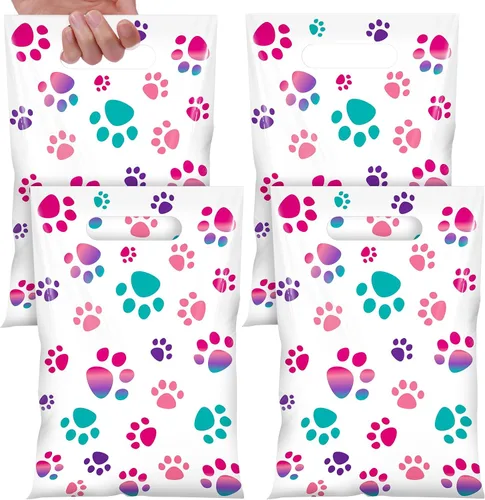 Vista 12 de Pasimy 100 bolsas de regalo de pata de perro a granel, diseño de pata de mascota, bolsas de plástico con asa para decoración de fiesta de cumpleaños