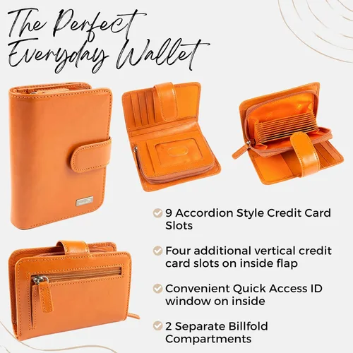 Vista 3 de Billetera de cuero para mujer con acordeón RFID con monedero, Naranja, Contemporáneo