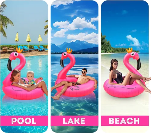 Vista 4 de Water Bottle Flotadores inflables de flamenco para piscina, tubos gigantes de balsa de piscina, flotador de piscina de flamenco rosa de 42 pulgadas