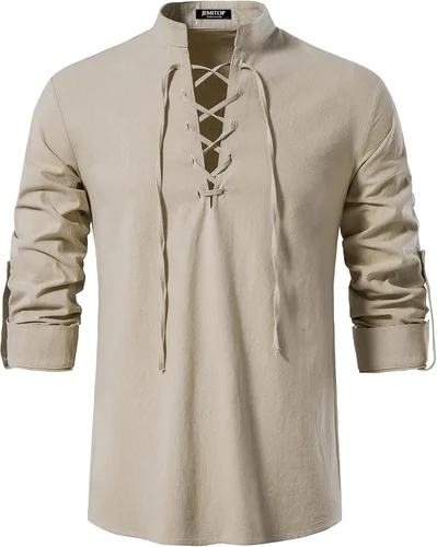 Vista 2 de JEMITOP Men's Pure Cotton Retro Lace Up Shirts for Renaissance Pirate Medieval Viking