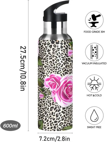 Vista 9 de Pink Roses Leopard Print Stainless Steel Vacuum Insulated Water Bottle 20 Oz Leakproof Water Bottles, BPA-Free Sport Water Bottle Insulated