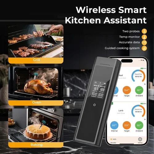 Vista 14 de BlueSwan Termómetro digital Bluetooth para carne, termómetro inalámbrico de 820 pies de alcance con 2 sondas de color con aplicación para parrilla