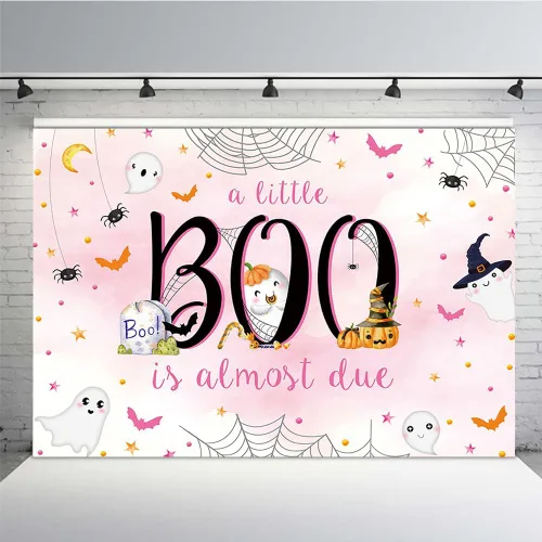 Vista 8 de MEHOFOND Telón de fondo de Halloween de 7 x 5 pies para baby shower con texto en inglés "A Little Boo is Almost Due Blue Water" para niño