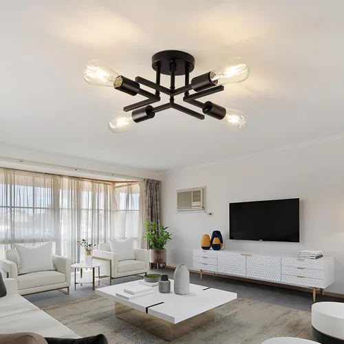 Vista 6 de Accesorio de Lámpara de Techo Industrial Semiempotrada de 4 Luces, Candelabro Sputnik Moderno de Metal Negro con Base de Bombilla E26, Luz Pegada al