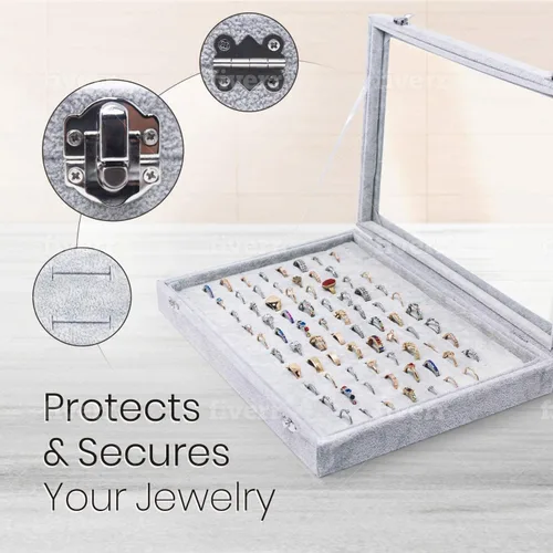 Vista 2 de Ring Organizer Display Case Multiple Ring Holder Jewelry Tray Organizer 100 slots Ring & Earring Holder Storage Box For Shows 100 Slots (Grey)