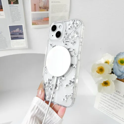 Vista 7 de NITITOP Funda magnética transparente compatible con iPhone 14 Plus/15 Plus, compatible con MagSafe lindas flores, hojas florales para mujeres