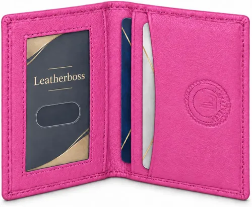 Vista 16 de Leatherboss Cartera Bifold Delgada de Cuero Genuino Porta Tarjetas de Crédito, Débito e ID Compacta y Elegante con Ventanas Transparentes