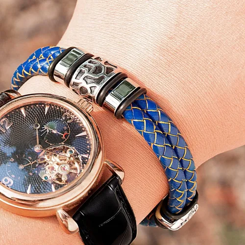 Vista 2 de Touyony Pulseras de cuero prémium para hombres, pulseras de cuero trenzado de doble fila de acero inoxidable, eslabones adicionales, joyería