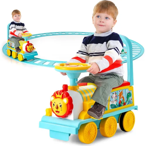 Vista 14 de Costzon Juguetes para montar, tren eléctrico de 6 V con pistas, asiento de almacenamiento, luces intermitentes y música, respaldo, dispositivo