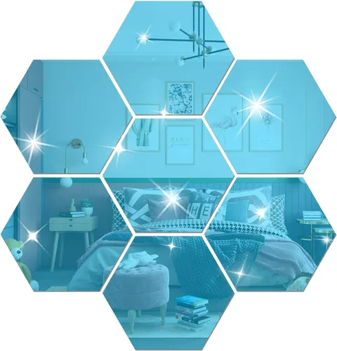 Vista 7 de Juego de 12 calcomanías de pared para bricolaje, espejo hexagonal, para decoración de sala de estar, dormitorio (azul)