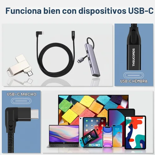 Vista 5 de Thsucords Cable de extensión USB C de 100 W, 0.3 pies, 10 Gbps 90 grados en ángulo recto USB C 3.2 macho a hembra, extensor de video 4K, cable