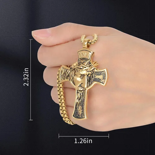 Vista 12 de Colgante de cruz de Jesús para espejo retrovisor de coche, accesorios de decoración, collar de cruz de acero inoxidable, regalo cristiano