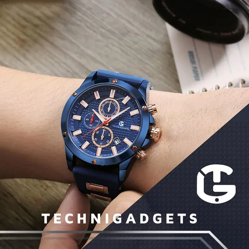 Vista 6 de Technigadgets Denzel Reloj cronógrafo para hombre, multifunción, de cuarzo, analógico, luminoso, con correa de silicona, resistente al agua 30M, Azul