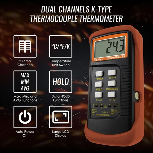 Vista 3 de Termómetro de termopar tipo K (-50 ~ 2,372.0 °F), termómetro digital de canales dobles con 2 abrazaderas de temperatura, 2 sondas de termopar