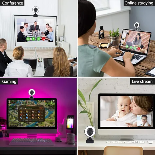 Vista 5 de Cámara web de 1080p AutoFocus 2K Brillo ajustable Cámara Web con micrófono estéreo y trípode para transmisión en vivo Educación a distancia