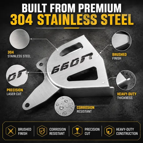 Vista 3 de Raptor 660R - Protector de caja de acero inoxidable cepillado – Cubierta de piñón resistente y guía de cadena Reemplazo directo para OEM