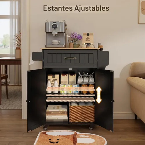 Vista 4 de Gizoon Carrito de isla de cocina de 33" W con estante ajustable, negro Color negro y mesa de roble