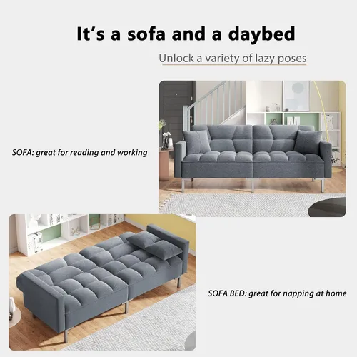 Vista 4 de Sofá cama plegable de tela moderna tapizado de lino con 2 almohadas y marco de metal para espacios pequeños compactos, dormitorio, sala de estar