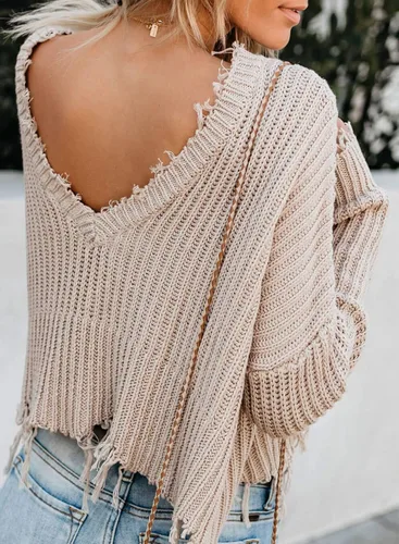 Vista 6 de Astylish Suéter corto de punto con cuello en V y rasgado, para mujer