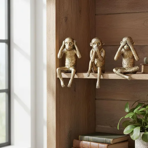 Vista 5 de Juego de estatuas de 3 monos sabios, figuras de See Hear Speak No Evil, estantes de resina dorada antigua, decoración de animales sentados