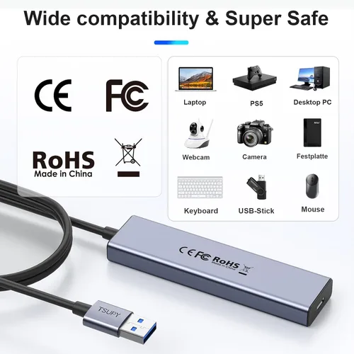 Vista 6 de Hub USB 3.0, divisor USB TSUPY con 5 puertos USB y cable extendido de 4 pies, concentrador de datos de aluminio ultrafino, adaptador multi USB 3.0