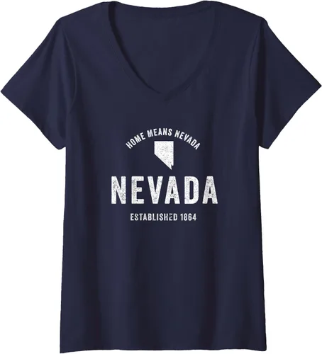 Vista 3 de Camiseta retro de Nevada State Home State para mujer con cuello en V, Negro, S
