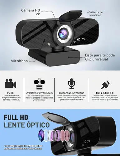 Vista 5 de Tewiky Cámara web Full HD con micrófono integrado y trípode giratorio, video 2K y cámara gran angular, cubierta de privacidad, para PC de escritorio