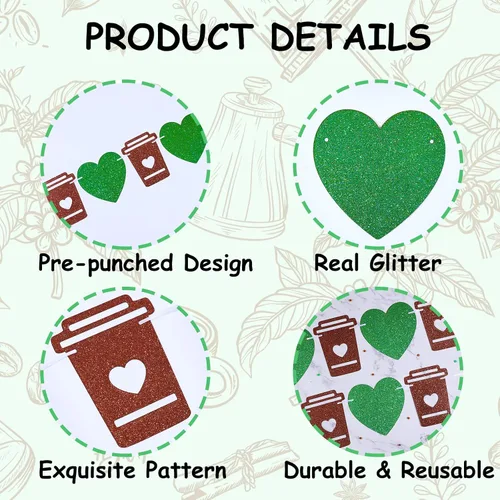Vista 4 de Cartel de barra de café verde, guirnalda de taza con purpurina y corazón, pancarta con leche para cumpleaños, despedida de soltera, compromiso