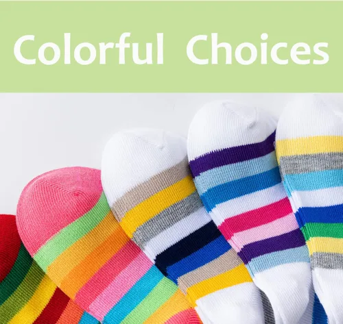 Vista 6 de Marchare Calcetines sin costuras para niñas, calcetines de algodón con rayas de arco iris, paquete de 5