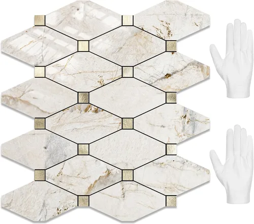 Vista 26 de STICKGOO 1 hoja de salpicaduras de pared para despegar y pegar, adhesivos de azulejos compuestos de aluminio Calacatta, salpicaduras autoadhesivas