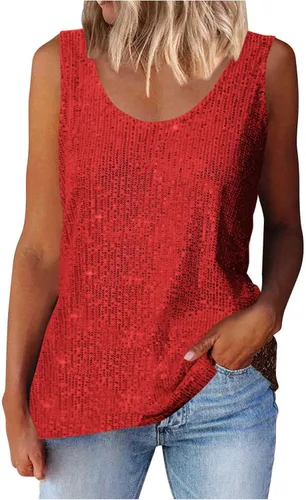 Vista 5 de Camisetas de lentejuelas para mujer, sin mangas, cuello redondo, brillante, sexy, para fiesta, camiseta sin mangas brillante