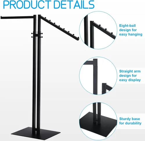 Vista 3 de Ripeng Perchero de ropa de 2 vías con brazos rectos e inclinados, perchero de ropa resistente para restaurantes minoristas, pantalla de Negro