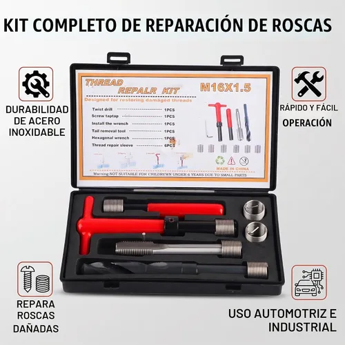 Vista 4 de Kit de reparación de roscas M16x1.5, kit de reparación de helicoidales de acero inoxidable, kit de herramientas de respuesta roscada, 11 Uds